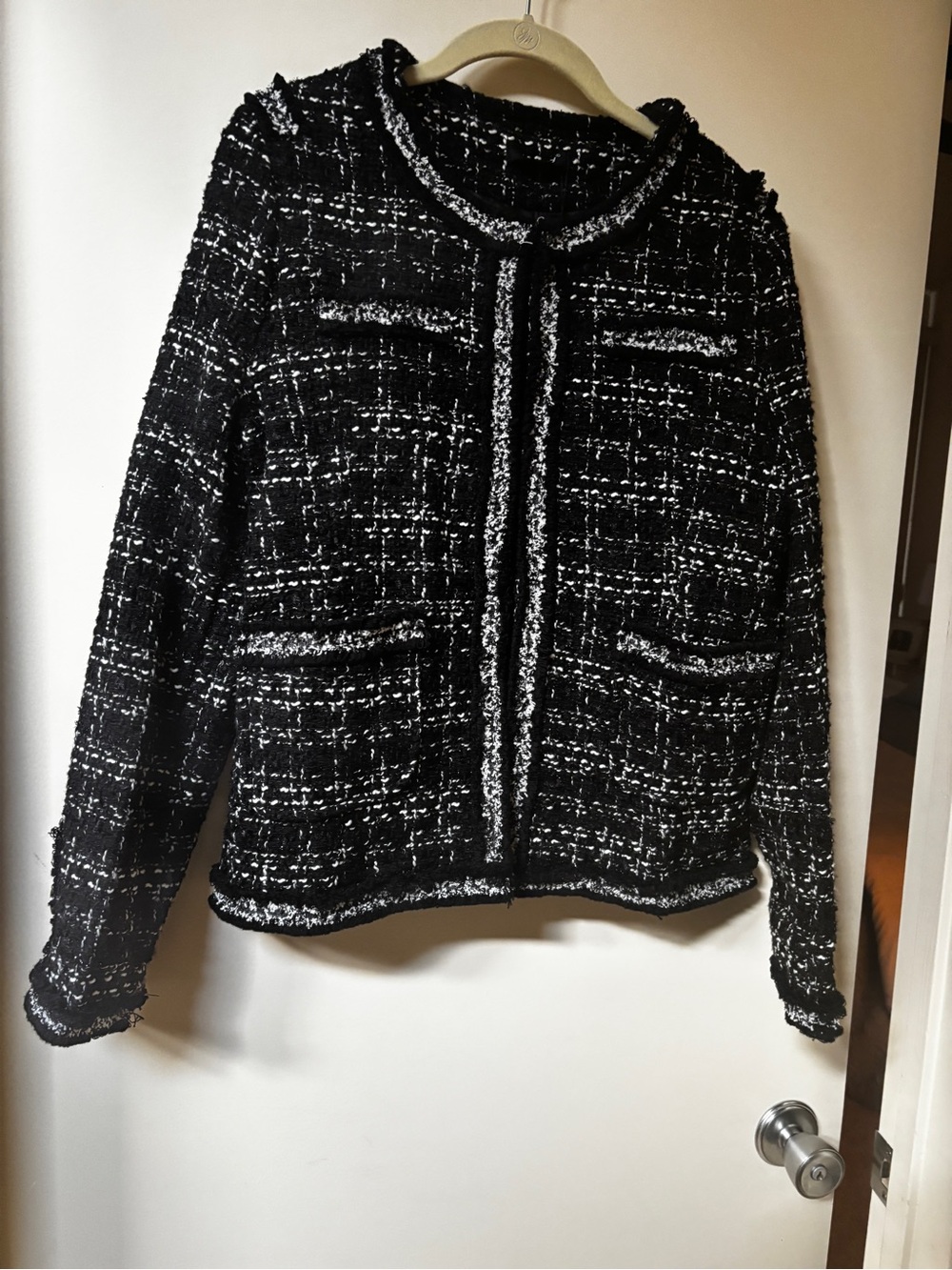 Black & White Tweed Collarless Jacket - Women- Size S.